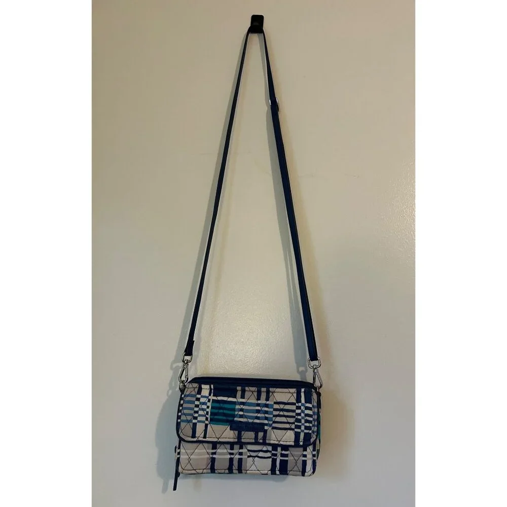 Vera Bradley Crossbody Wallet Purse Bag Blue Beige Geometric Print Quilted Trave - Picture 3 of 12